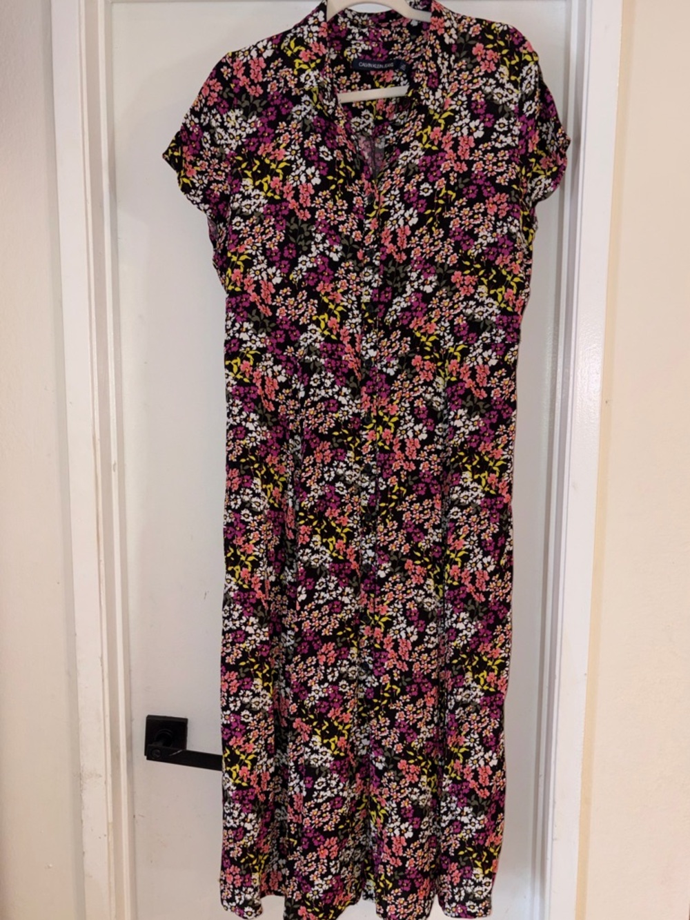 Calvin Klein Jeans Black Midi Dress with Pink, White & Yellow Floral Pattern